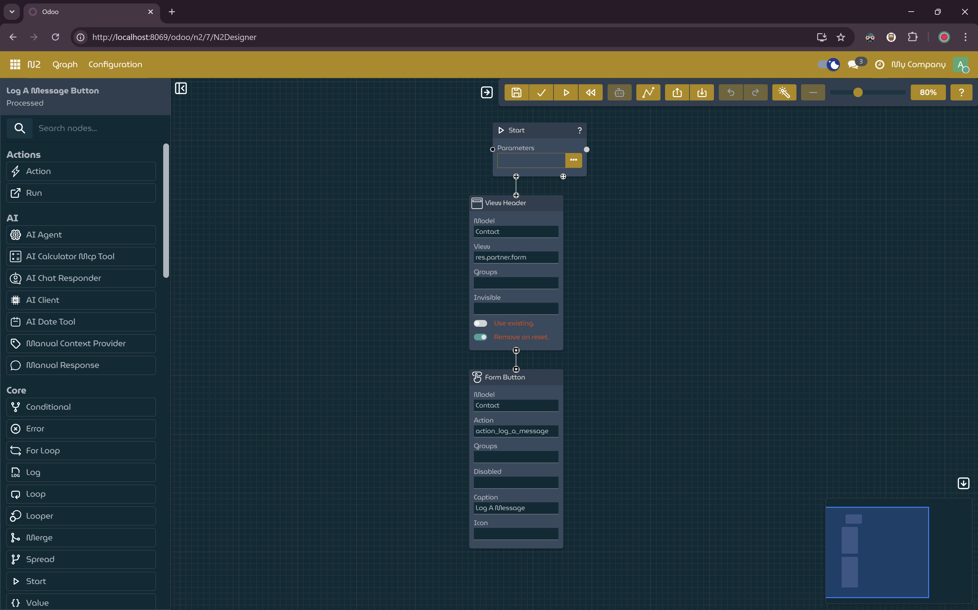 Workflow with FormActionButtonStarterNode.