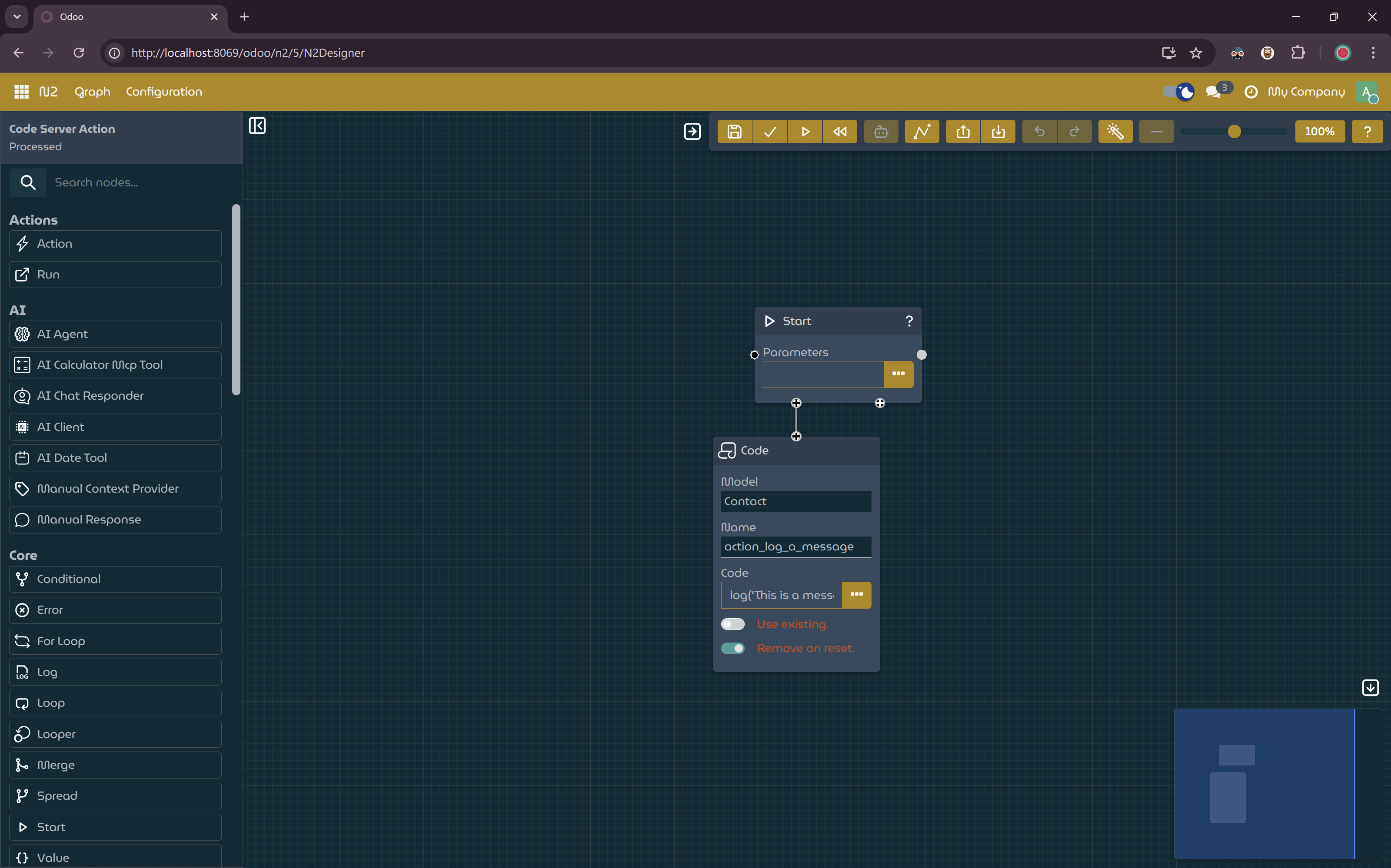 Workflow with CodeServerActionStarterNode.